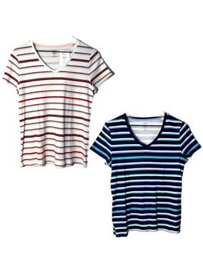 Lot of 2 Croft & Barrow 100% Cotton Short Sleeve V-Neck Striped T-Shirts M.